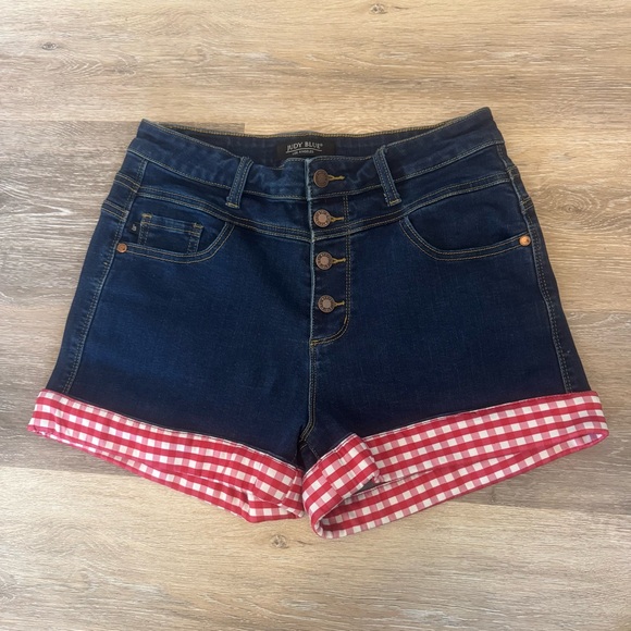 Judy Blue Pants - Judy Blue | Red Gingham Cuff Hi-Rise Dark Wash Button Fly Shorts Size Large